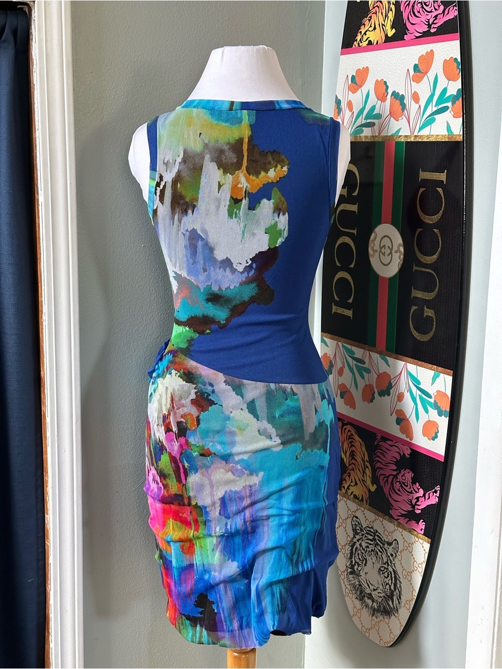Elana Kattan Dress Watercolor Ruched Mesh Cut Out Bodycon Y2K 90s USA Made Sz XS - Picture 4 of 6